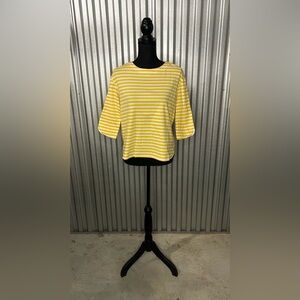 Women’s Lafayette 148 Yellow White Striped Long Sleeve Blouse Designer Small